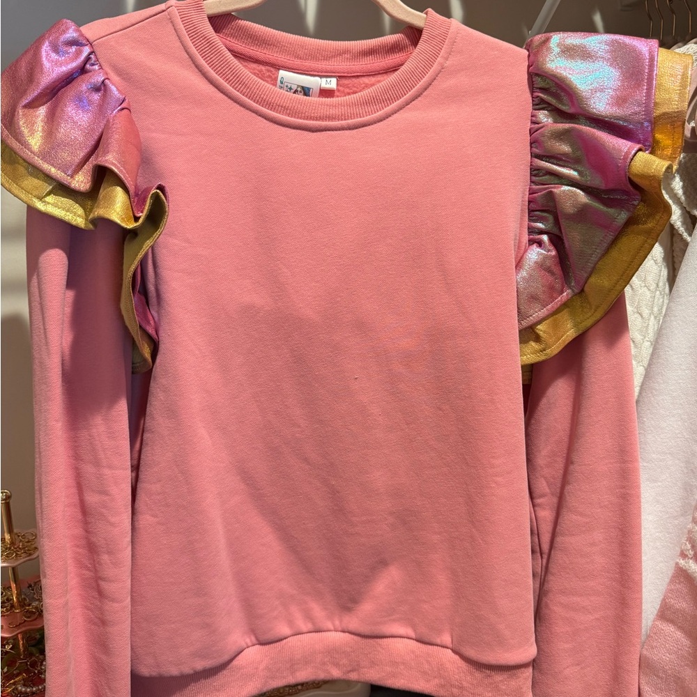 QUEEN OF SPARKLES Pink Ruffle Shoulder Sweatshirt with Matching Skort
